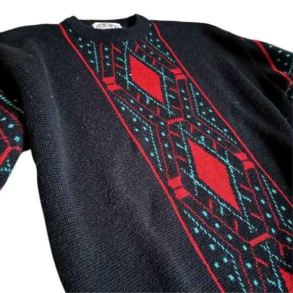 Vintage 90s Summit County Geometric Knit Sweater Black Red Wool Blend Size M - Picture 6 of 6